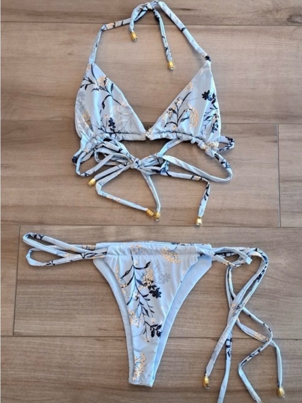 Light Blue Floral Tie-String Bikini Set by Flowers from Brazil